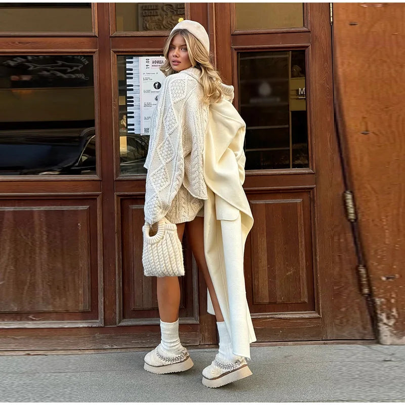White Cable Knit Argyle Hooded Co-ord Set Long Sleeve Sweater Bodycon Shorts 2025 Cozy Retro Women Sets Daiy Casual Lady Outfit