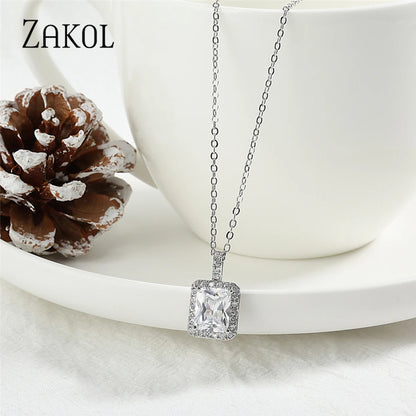 ZAKOL Simple Round Zirconia Pendant Necklaces for Women Shiny Crystal Fashion Party Dress Jewelry