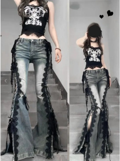 Retro Eyelets Lace Up Flare Jeans Stitch Lace Whiskers Slim Low Rise Split Bootcut Pants Women Bell Bottoms Streetwear