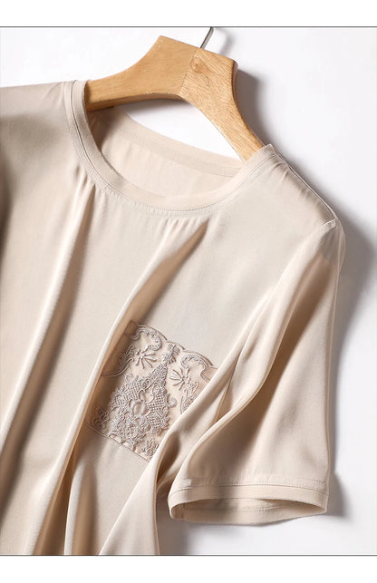 Silk T-shirt for Women Summer 2023 New In Solid Loose Satin Tees Short Sleeve Casual Top Korean T Shirt O-Neck YCMYUNYAN