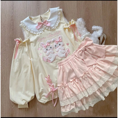 2026 Spring Japanese Cute T-shirts Women Casual Y2k Crop Top Kawaii Blouse and Mini Cake Skirts Outwear Lolita Vintage Tees Chic