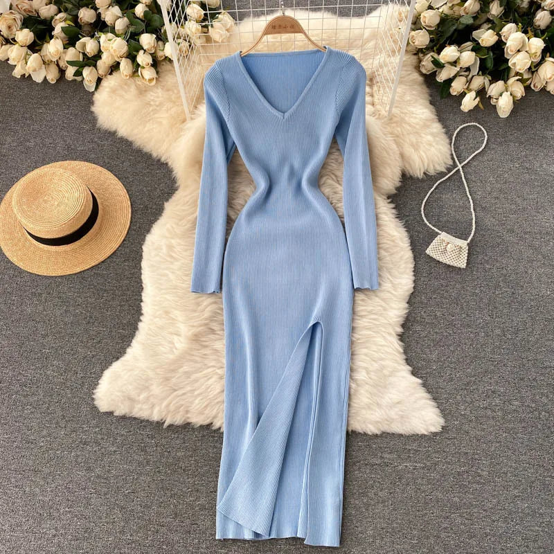 Autumn Winter Sexy High Split Sweater Dress Women Full Sleeve Basic Slim Elastic Bodycon Long Dress Party Vestidos