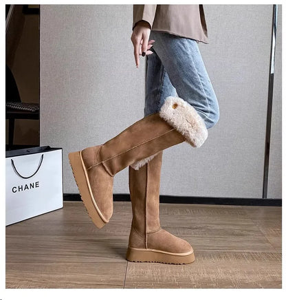 Turned-over Edge Knee-high Snow Boots Flat with Slip-on Ladies Shoes 2024 High Quality Round Toe Mid Heel Concise Women's Boots