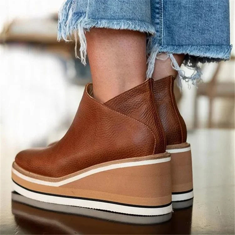 Autumn Ankle Boots Women Fashion Leather Wedge Heel Platform Women's Shoes Short Boots High Heels Boots Botas De Mujer