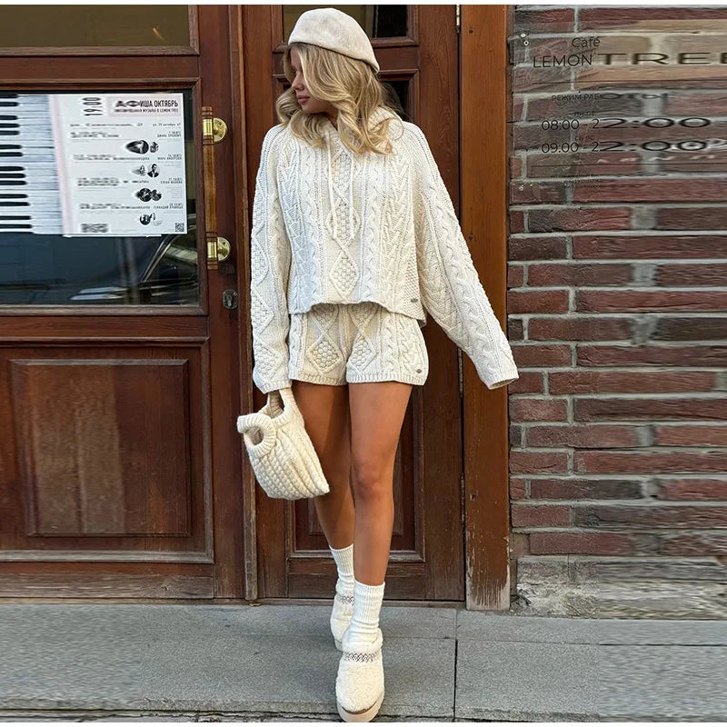 White Cable Knit Argyle Hooded Co-ord Set Long Sleeve Sweater Bodycon Shorts 2025 Cozy Retro Women Sets Daiy Casual Lady Outfit