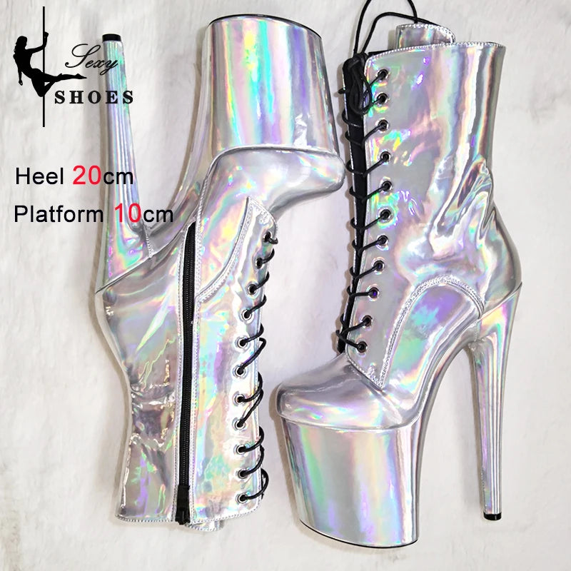 New Gold Shoes for Women 2025 Platform Heels Pole Dance Stripper 20cm/8Inch Sexy Ankle Boots Round ToeThin Heels Ladies Shoes