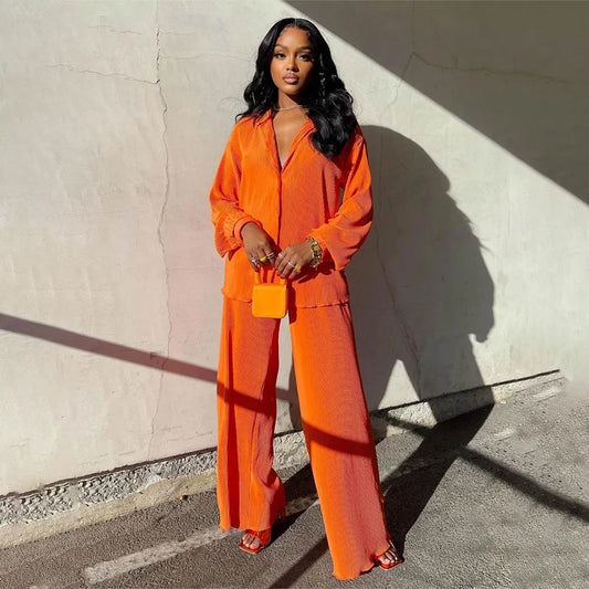 Women's Orange Long Sleeve Shirt Suit, Chiffon Tops, Wide Leg Pant, Sexy 2-Piece Set, Street Sweatsuit, Fitness Pit Strip Jacket