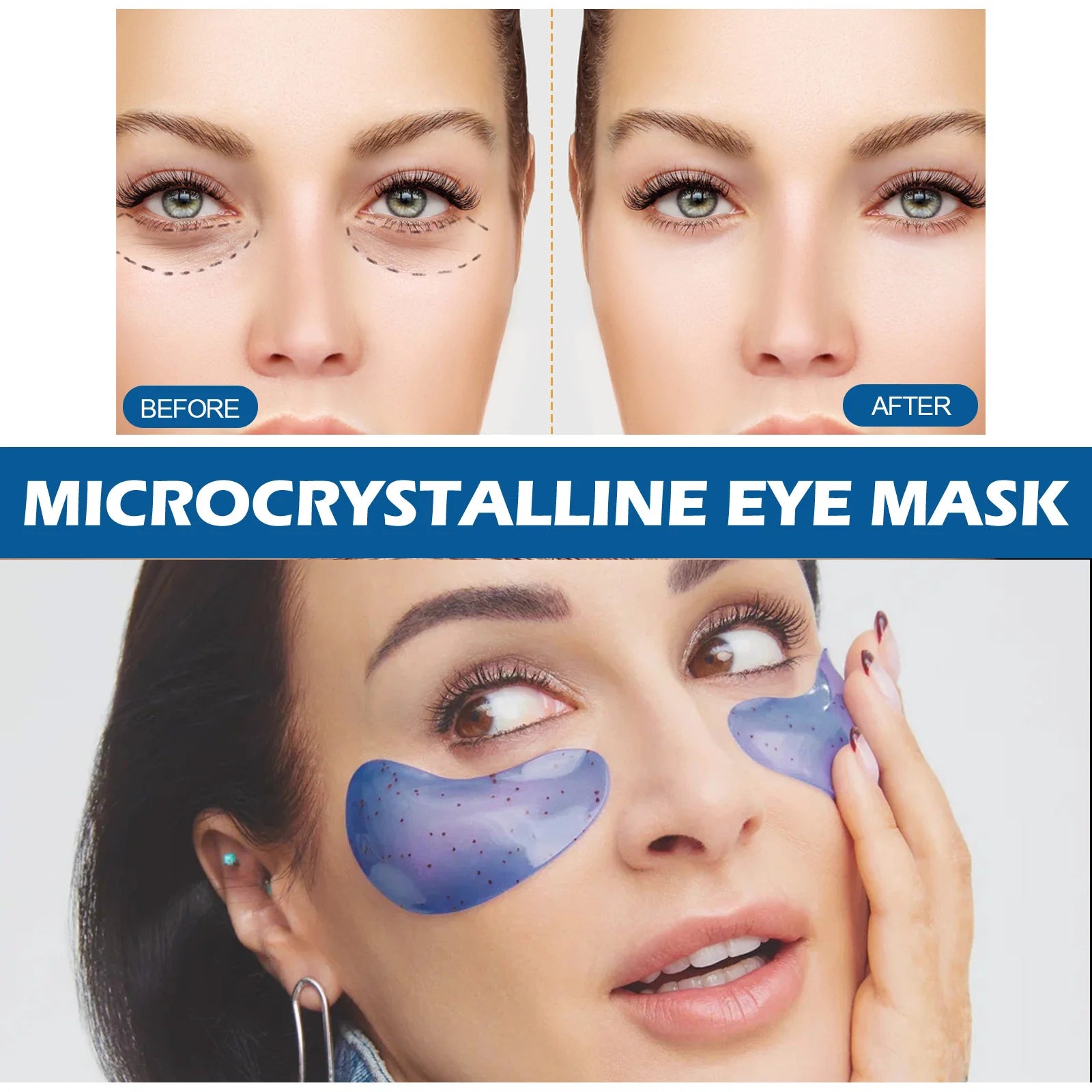 EtherealBe hydrating eye patches for fine lines shown on a model with visible results before and after use