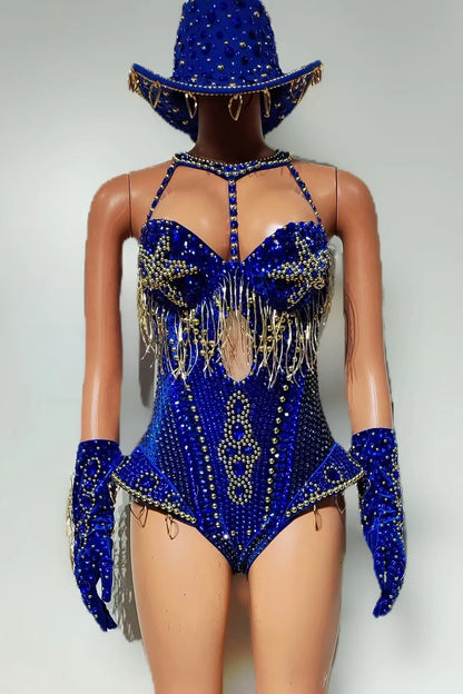 Women Sparkly Rhinestone Red Bodysuit 4Pieces Set Nightclub Party Stage Show Outfit Cabaret Carnival Showgirl Sexy Wear Hongding