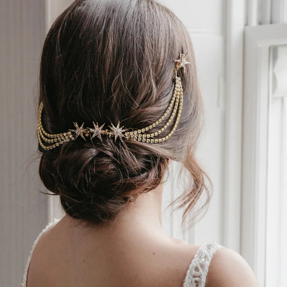 Stonefans Luxury Star Hair Comb Rhineestone Chain Jewelry for Women Vintage Bridal Tiara Multilayer Hair Chain Wedding Headpiece