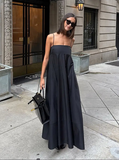 Solid Backless Spaghetti Strap Dress Women's Fashion Loose High Waist A-line Vestidos Summer Lady Holiday Street Robes 2025 New