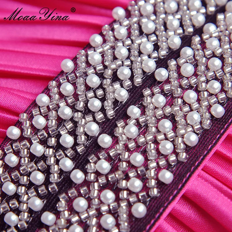 MoaaYina Fashion Designer dress Spring Women's Dress Beading Stand collar Lantern Sleeves Lace-up Pleated Dresses