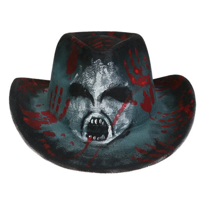 Eerie Halloween cowboy hat for adults featuring a menacing design with blood splatter