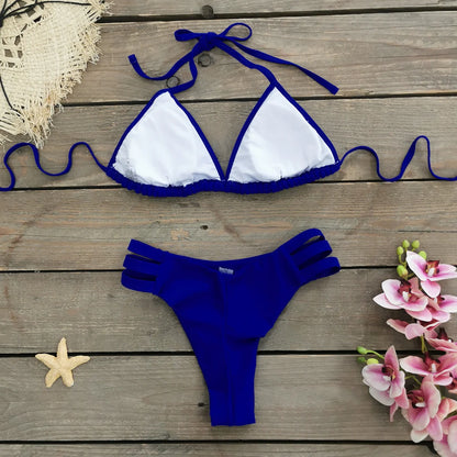 Comfortable Brazilian G-String Swimwear Bandage Stripes Trim Halter Female Bikini Set 2024 New Fashion Chest Pad Beachwear