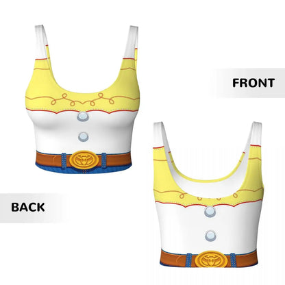 Toy Story Jessie sports bra featuring a colorful front design and stylish back print