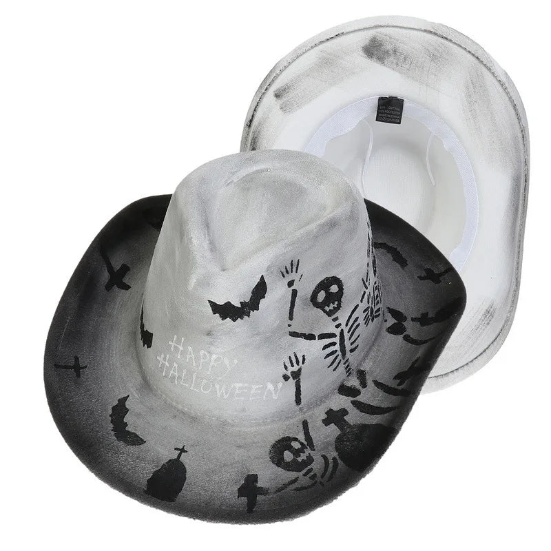EtherealBe Halloween cowboy hat for adults with spooky designs including bats and skeletons