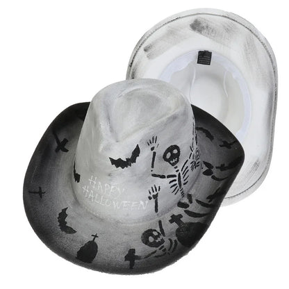 EtherealBe Halloween cowboy hat for adults with spooky designs including bats and skeletons