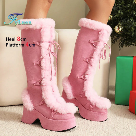 8CM Chunk Heels Winter Warm Knee High Boots Women Snow Short Plush Platform Boots Faux Fur Cosplay Lace-up Long Shoes Size 34-43