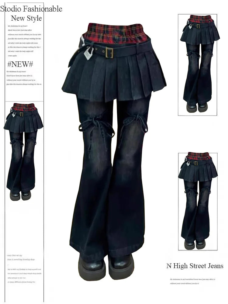 Autumn Winter Women's Denim Pants Slim Flared Jeans Fake Two Pieces Bell Bottom Jeans Abi Y2k Dark Academia Skinny Cyber Punk