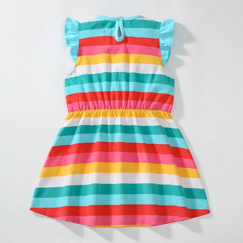 Kids Clothes 2025 New Summer Children's Clothing Cartoon Rainbow Striped Dresses Cotton Casual Vestidos  Gifts