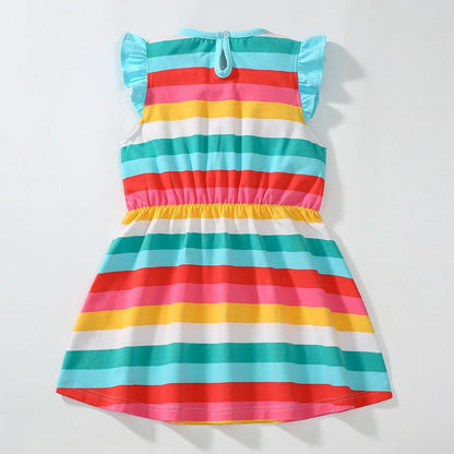 Kids Clothes 2025 New Summer Children's Clothing Cartoon Rainbow Striped Dresses Cotton Casual Vestidos  Gifts