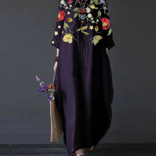 Elegant Boho Loose Swing Maxi Dress Retro Art Print 3/4 Sleeve Pocket Long Dress Casual O-Neck Office Lady Pullover Dress Mujer