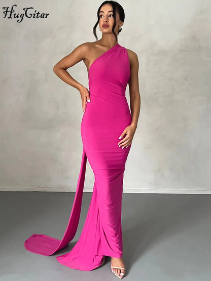 Hugcitar One Shoulder Backless Adjustable Scarf Loop Ruched Sexy Maxi Dress 2025 Women Elegant Y2K Streetwear Festival Outfit