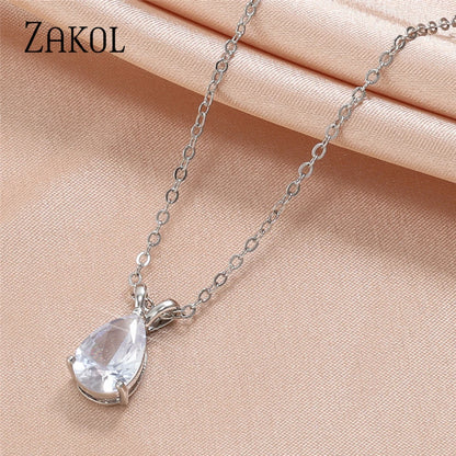 ZAKOL Simple Round Zirconia Pendant Necklaces for Women Shiny Crystal Fashion Party Dress Jewelry