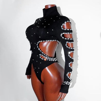 rhinestHollow Out Sexy Black Women Bodysuit pants Sets Long Sleeve Turtleneck Bodysuits Clubwear Costumes Stars Hot Singer Stage