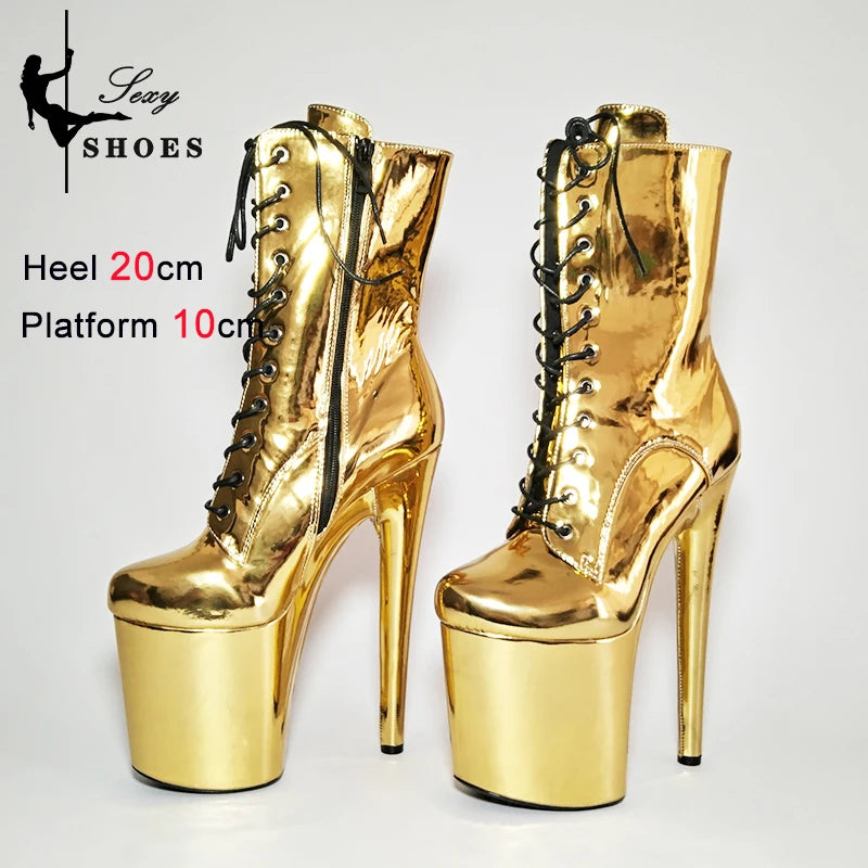 New Gold Shoes for Women 2025 Platform Heels Pole Dance Stripper 20cm/8Inch Sexy Ankle Boots Round ToeThin Heels Ladies Shoes