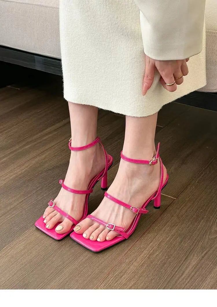 New Women's Shoes Fashion Buckle Design Square Toe Thin High Heel Sandals Shoes for Women Sandalias De Mujer 2023