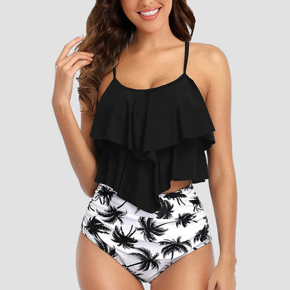 Chic Elegant Bikini Summer Multi-Layer Ruffled Edge Folds Crew Neck Sling Swimwear High Waist Thong Separate Two-Piece Swimsuit