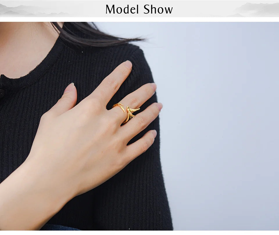 Lotus Fun 18K Gold Swallow Willow Branch Unusual Asymmetrical Rings for Women Real 925 Sterling Silver Original Fine Jewelry