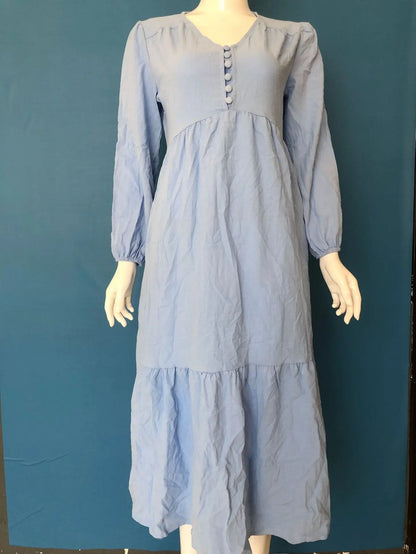 Autumn Winter Women's Clothing New Fashion Solid Color Button Cotton Linen Retro Casual Long Sleeved Dress Big Swing Long Skirt