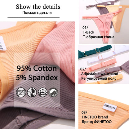 3PCS/Set Women Cotton Panties Sexy T-Back Thong Adjustable Waist G-String Underwear Breathable Soft Intimates Lingerie FINETOO