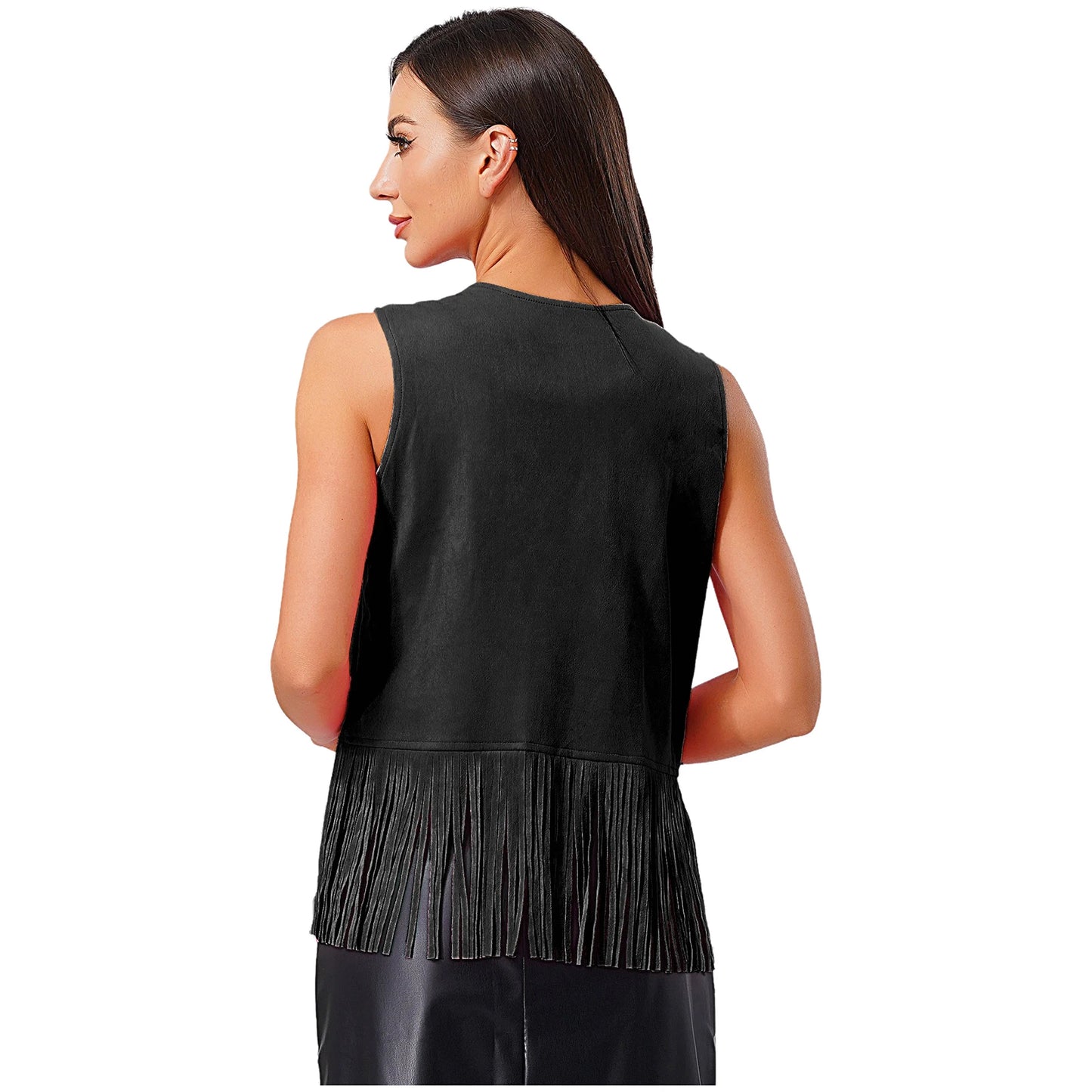 Womens Western Cowgirl Hippy Cosplay Costume Vintage Hollow Out Tassel Tank Tops Fringe Vest 70s Disco Faux Suede Waistcoat