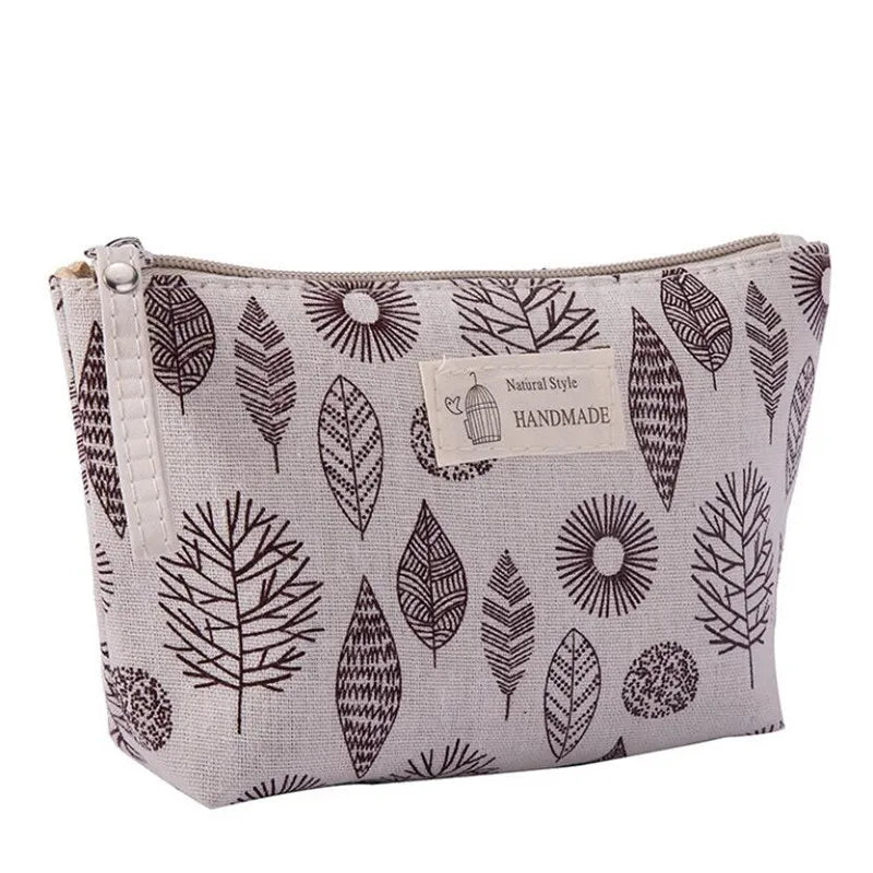 Handmade natural style travel makeup bag for women featuring a leaf pattern