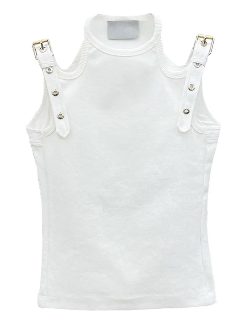 DEAT Fashion Women's Tops Round Neck Hollow Out Khaki Sleeveless Suspender Tank Tops Summer 2024 New Trendy 17A5505H