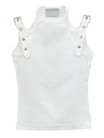 DEAT Fashion Women's Tops Round Neck Hollow Out Khaki Sleeveless Suspender Tank Tops Summer 2024 New Trendy 17A5505H