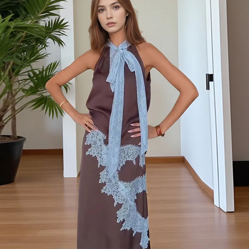 Contrast Patchwork Lace Maxi Skirt Suit Women Satin V-neck Sleeveless Skirts Suits 2025 Lady Summer Casual Daily 2 Pieces Set