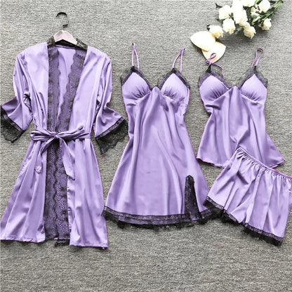 4 Pieces Pajamas Sets Satin Sleepwear Women Silk Nightwear Pyjama Strap Lace Sleep Lounge Pajama with Chest Pads