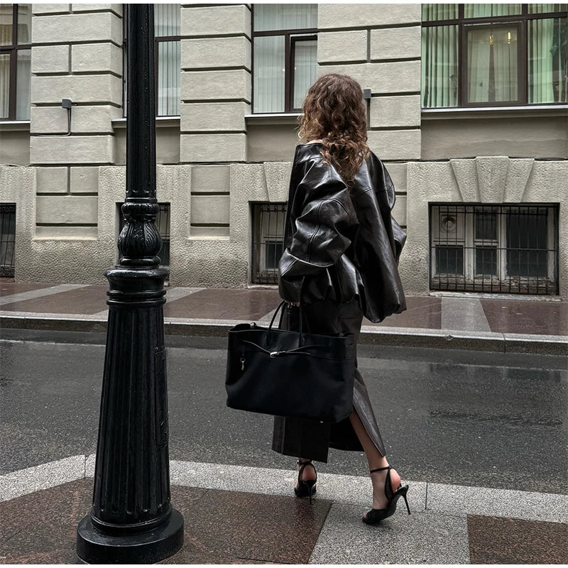 Leather Fashion Jacket Skirt Sets Women Zipper Loose Street Stand Collar Coats Straight Midi Skirts Suits 2025 Autumn Party Chic