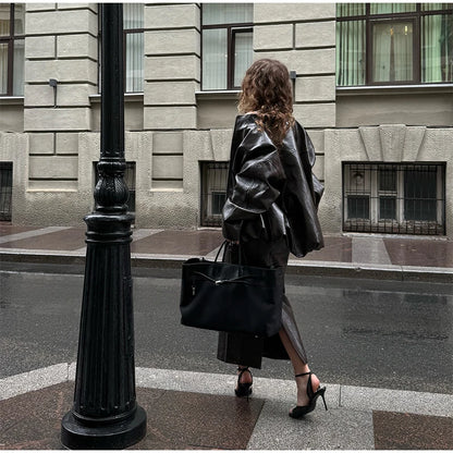 Leather Fashion Jacket Skirt Sets Women Zipper Loose Street Stand Collar Coats Straight Midi Skirts Suits 2025 Autumn Party Chic