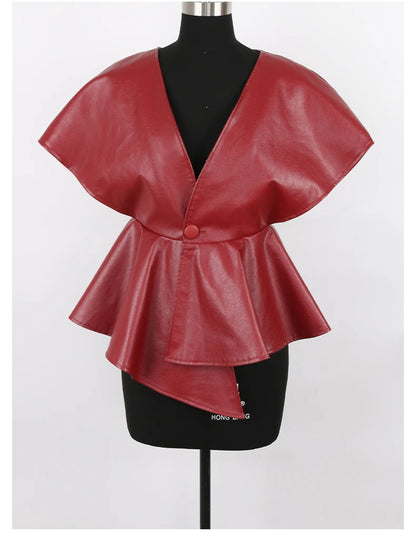 Nerazzurri Spring Short Red Faux Leather Vest Women Belt Runway Fashion Elegant Luxury Designer Clothes Sleeveless Jacket 2022