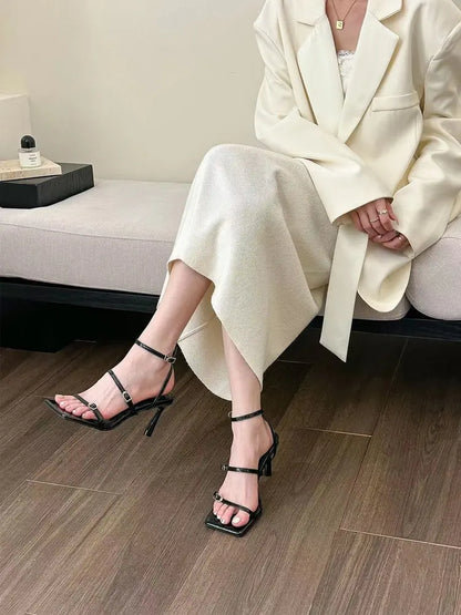 New Women's Shoes Fashion Buckle Design Square Toe Thin High Heel Sandals Shoes for Women Sandalias De Mujer 2023