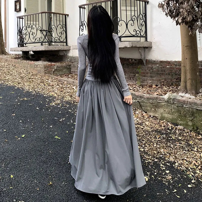 Autumn Skew Collar Halter Aura Dresses Solid Color Female Clothing Folds Stylish Irregular Basic Long Sleeve Spliced Long Dress