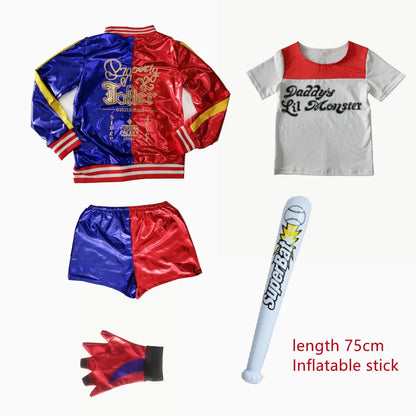 Harley Quinn kids cosplay costume set with jacket, shorts, shirt, inflatable bat, and gloves
