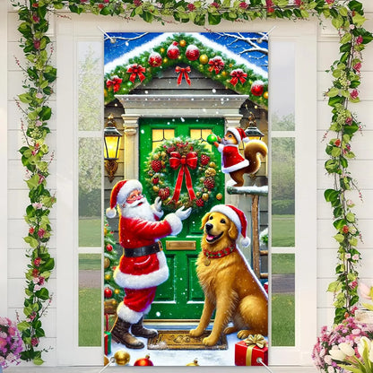 Christmas banner, Christmas dog holiday, Christmas welcome door banner, indoor and outdoor wall decoration, polyester