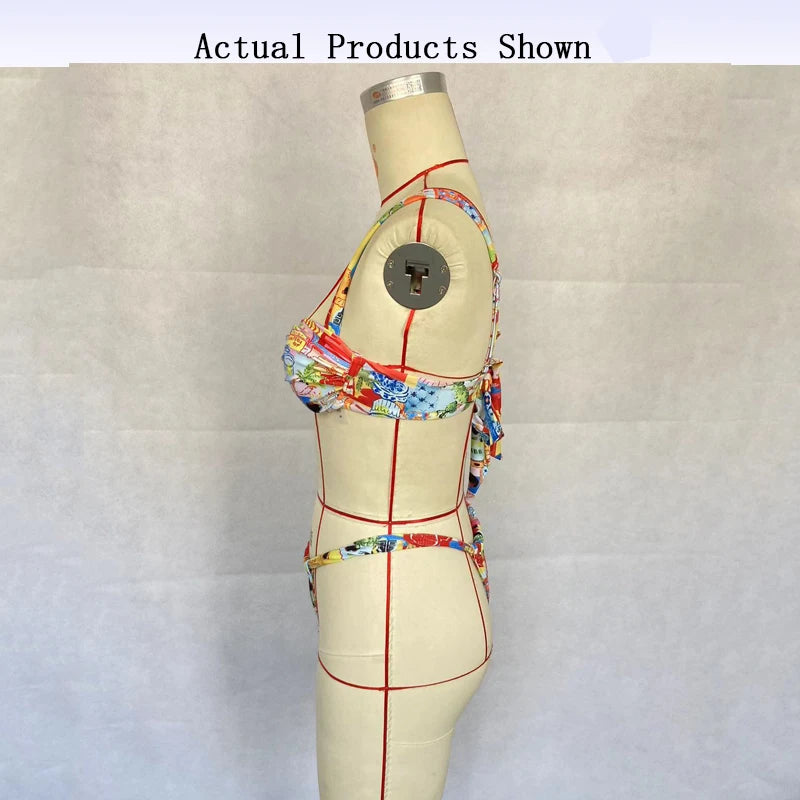 BEACHCICI Women's Bikini Set Sexy Summer New Ladies Printed Camisole Tie up High Waist Vacation Two Piece Beach Swimsuitr