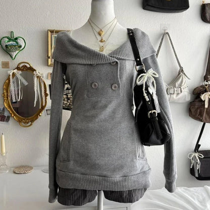 NEW Fall Winter Sweater Casual Slim Fit Chic Solid Color Ribbon Decoration One-shoulder Pullover Y2K Harajuku Womens Streetwear